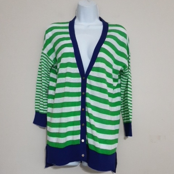Jcp Cardigan Women Stripped Button Down M NATICAL vacation Beach Linen Green Y2k - Picture 8 of 8